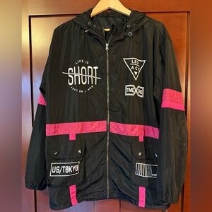 Black and Hot Pink Graphic Life Is Short Windbreaker Jacket Size XL